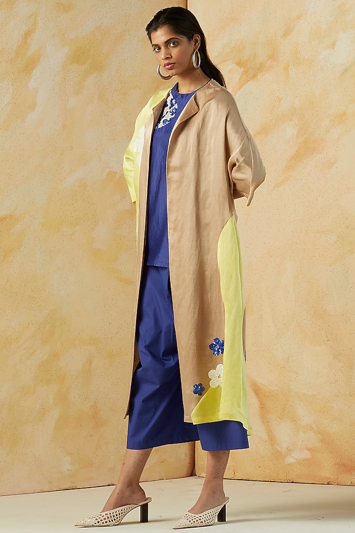 Yellow & Beige Embroidered Oversized Cape by Kanelle at Pernia's Pop Up Shop