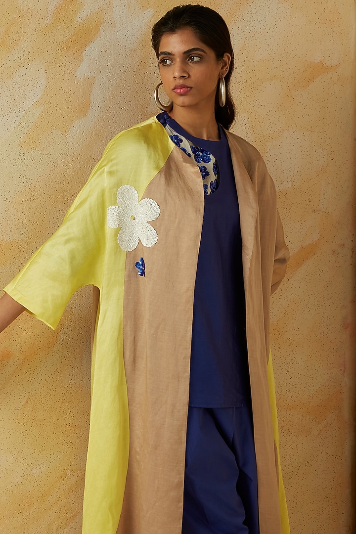 Yellow & Beige Embroidered Oversized Cape by Kanelle at Pernia's Pop Up Shop
