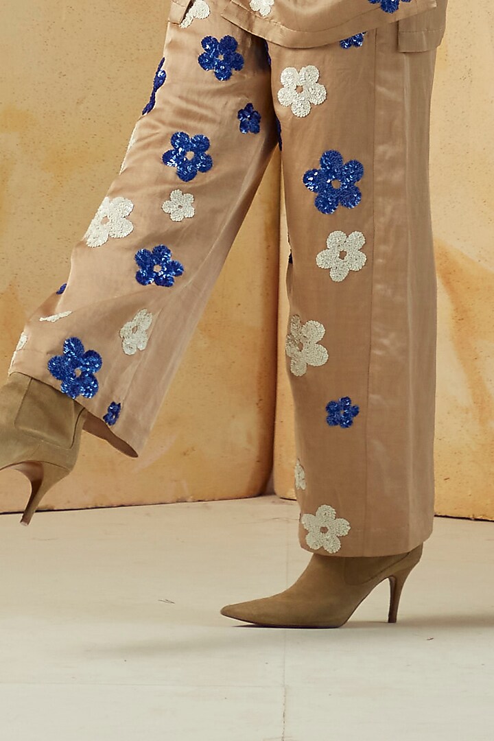 Beige Floral Embroidered Pant Set by Kanelle at Pernia's Pop Up Shop
