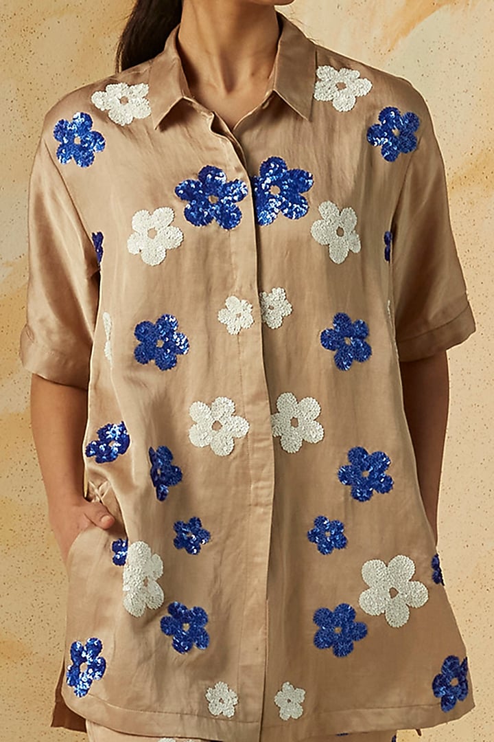 Beige Floral Embroidered Pant Set by Kanelle at Pernia's Pop Up Shop
