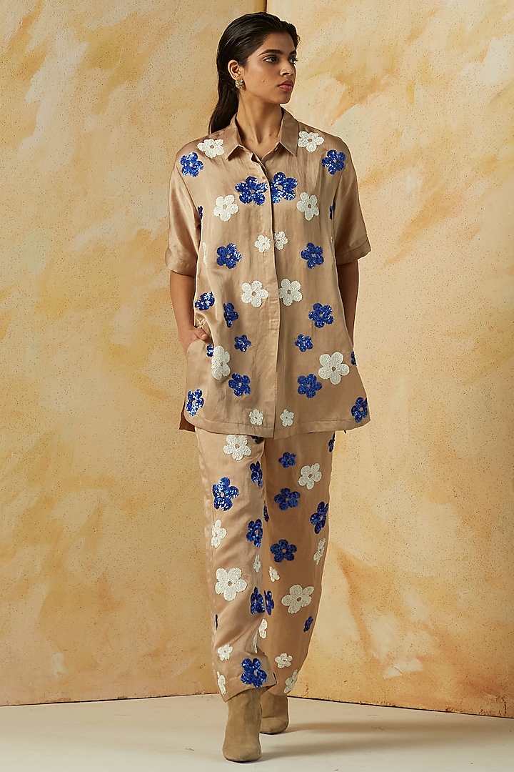 Beige Floral Embroidered Oversized Shirt by Kanelle