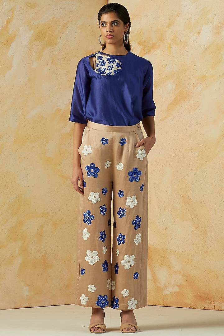 Beige Floral Embroidered Trousers by Kanelle