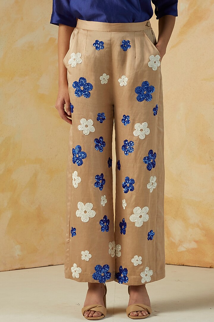 Beige Floral Embroidered Trousers by Kanelle at Pernia's Pop Up Shop