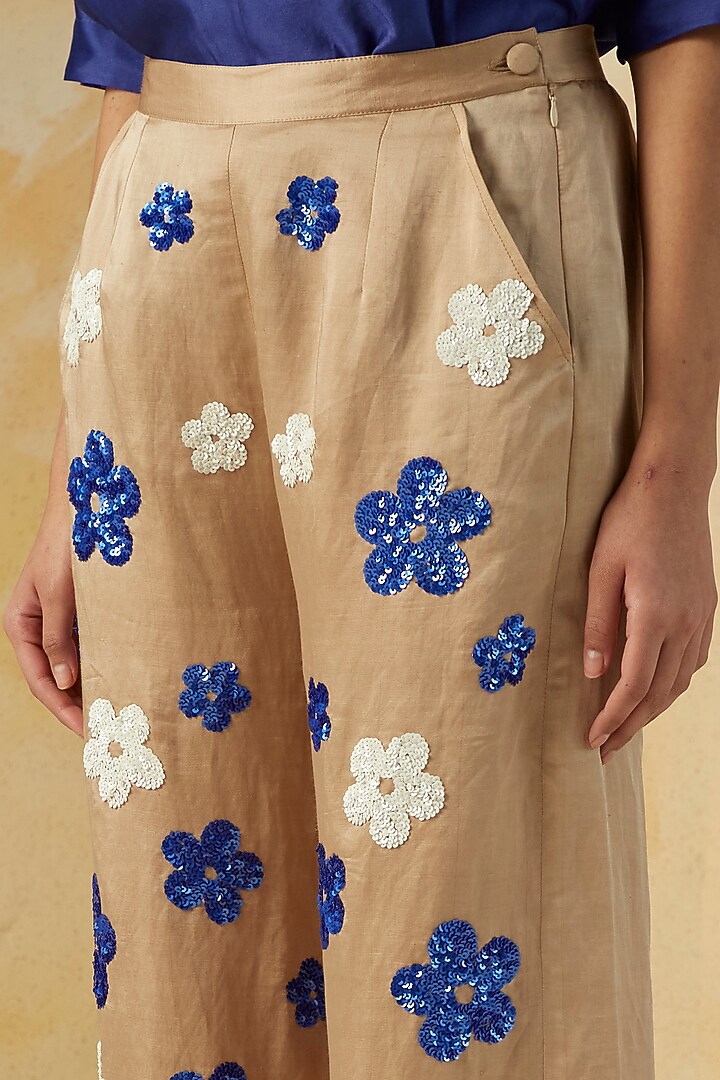 Beige Floral Embroidered Trousers by Kanelle at Pernia's Pop Up Shop