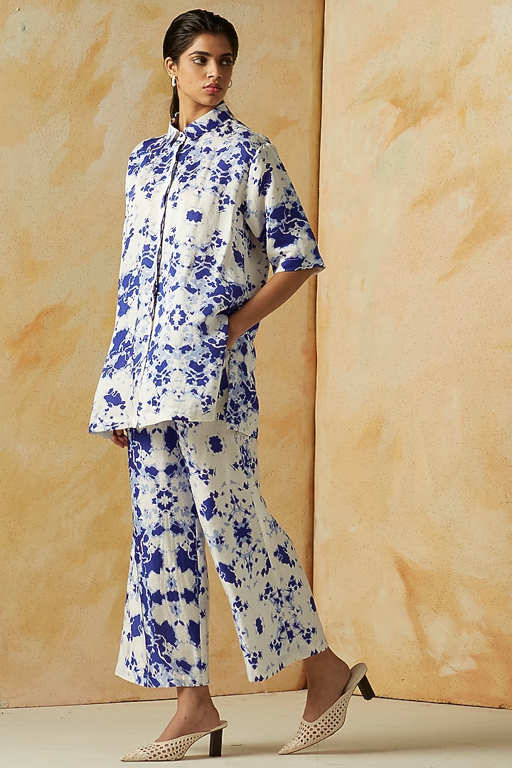 White & Blue Printed Pant Set by Kanelle at Pernia's Pop Up Shop