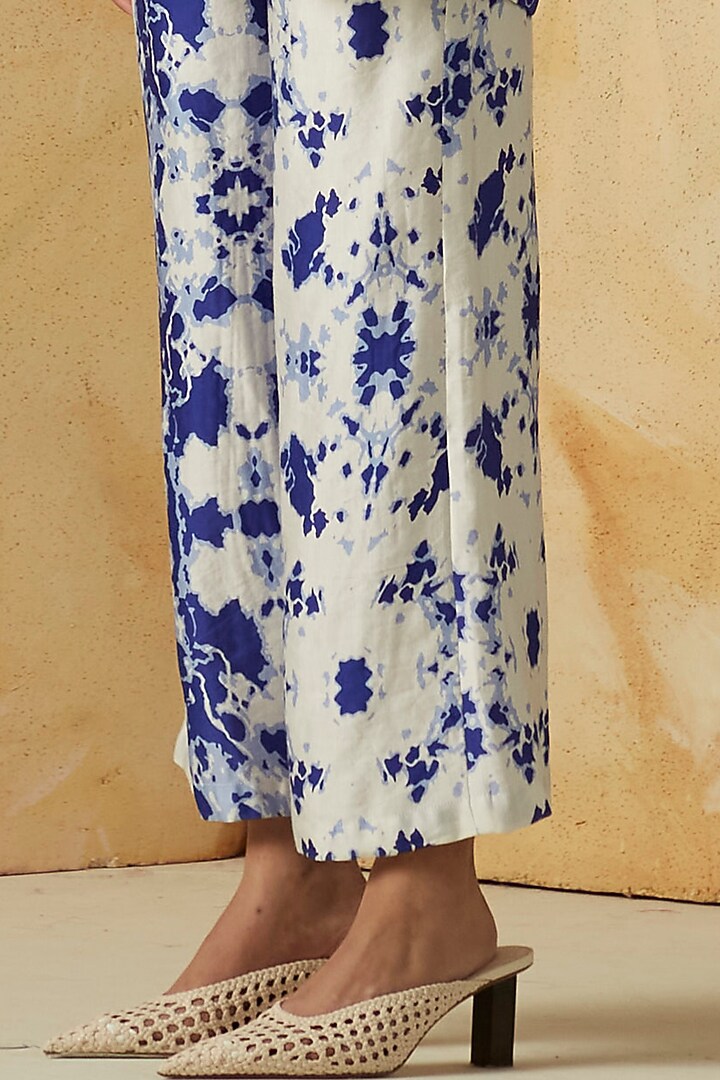 White & Blue Printed Pant Set by Kanelle at Pernia's Pop Up Shop