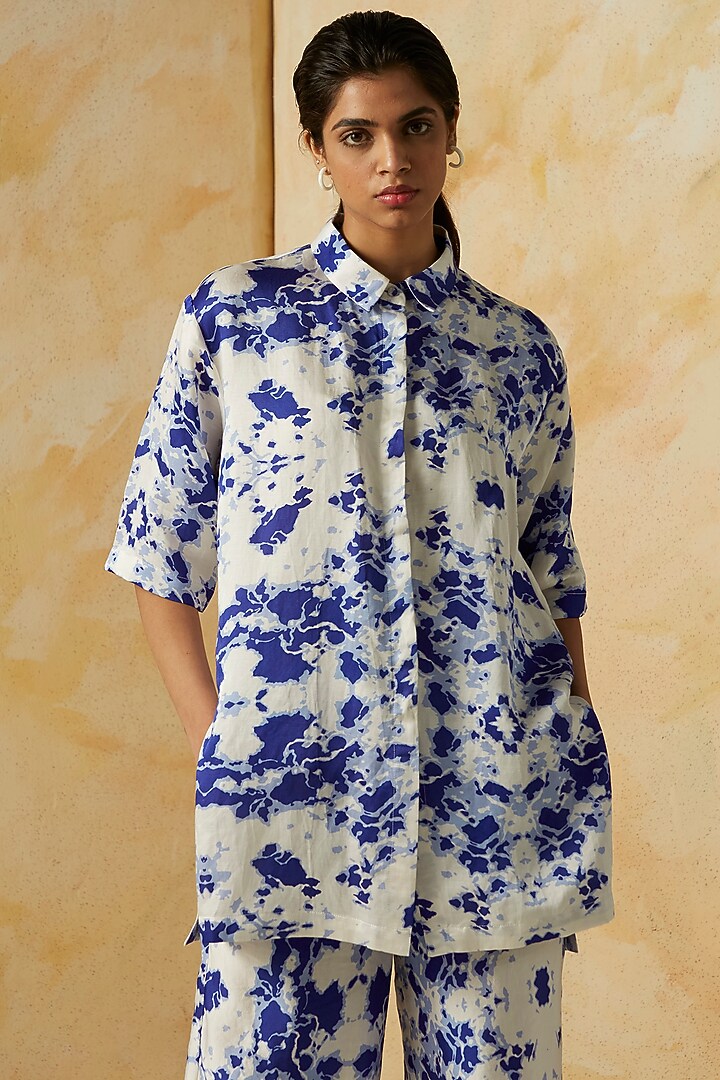 White & Blue Printed Pant Set by Kanelle at Pernia's Pop Up Shop