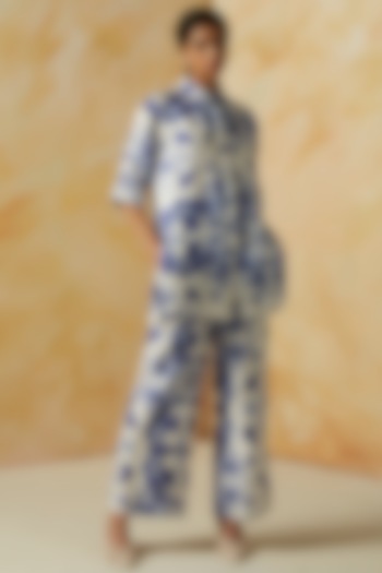 White & Blue Printed Oversized Shirt by Kanelle