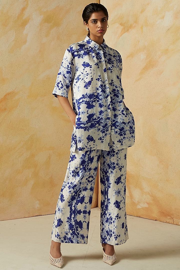 White & Blue Printed Oversized Shirt by Kanelle