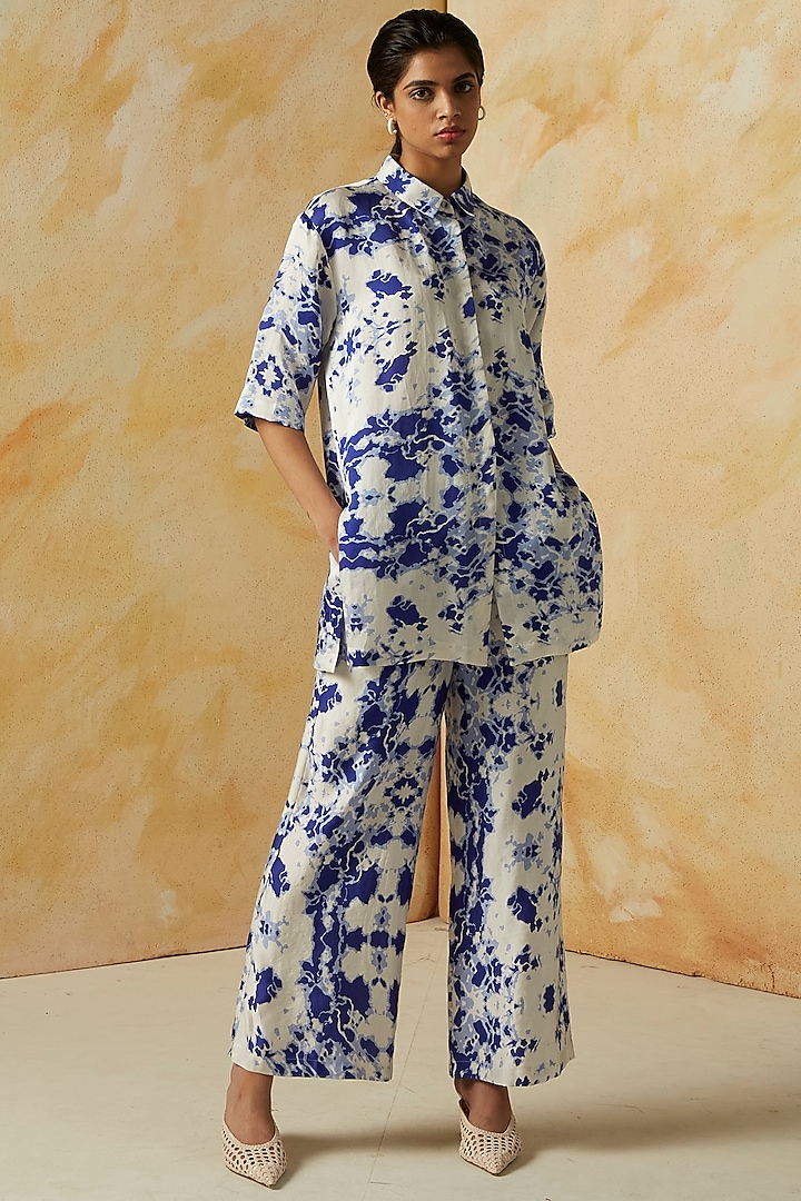White & Blue Printed Trousers by Kanelle