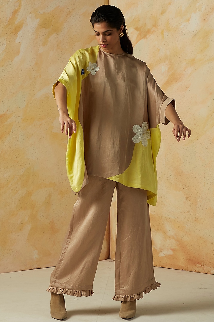 Yellow & Beige Embroidered Oversized Top by Kanelle