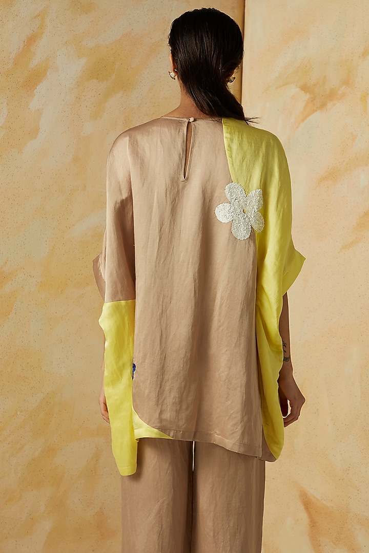 Yellow & Beige Embroidered Oversized Top by Kanelle at Pernia's Pop Up Shop