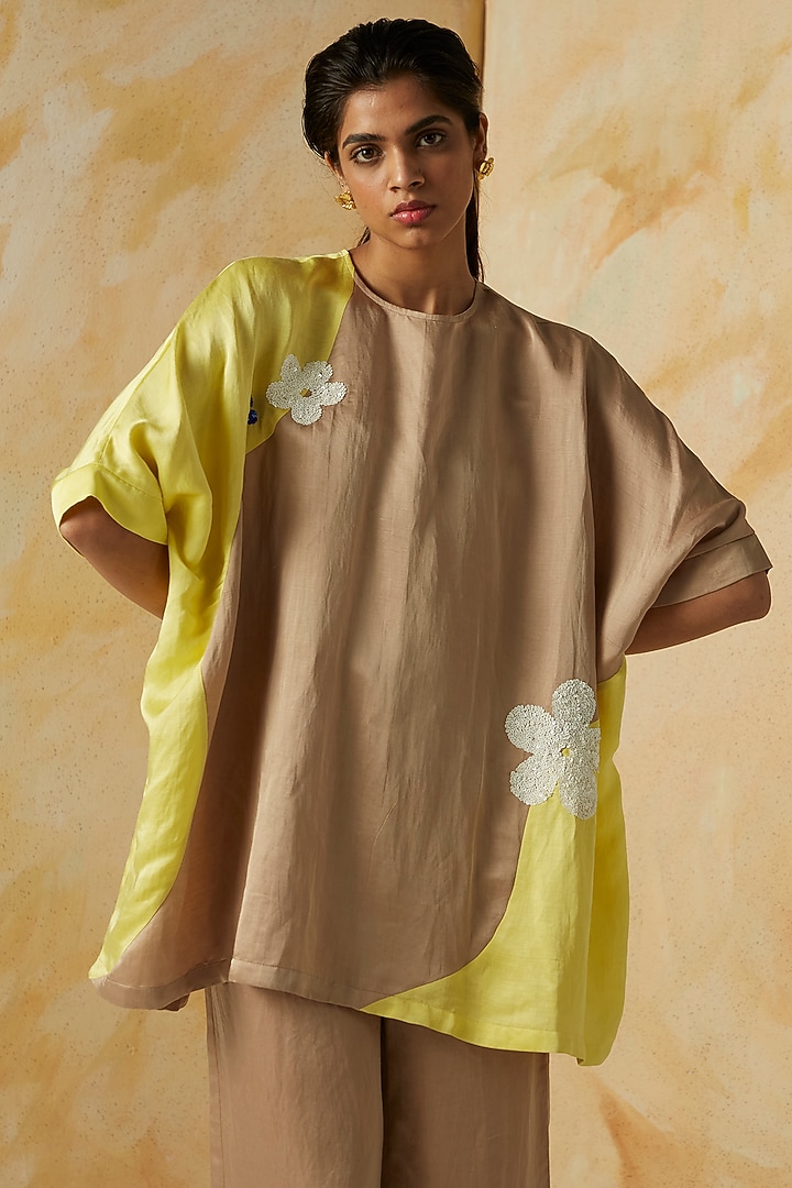 Yellow & Beige Embroidered Oversized Top by Kanelle at Pernia's Pop Up Shop
