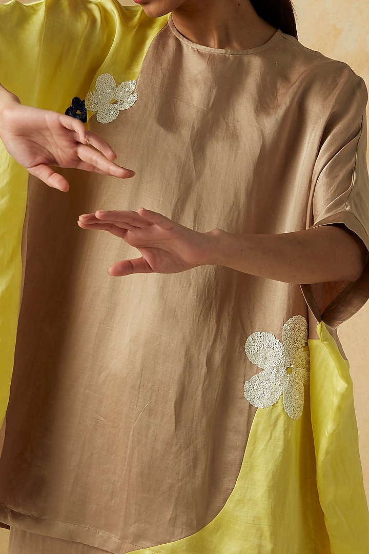 Yellow & Beige Embroidered Oversized Top by Kanelle at Pernia's Pop Up Shop