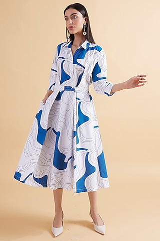 Ivory & Teal Cotton Poplin Printed Wrap Dress by Kanelle