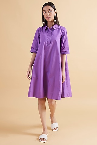 Purple Cotton Poplin A-Line Dress by Kanelle
