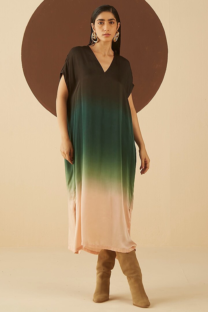 Taupe Brown & Dark Green Ombre Oversized Kaftan Dress by Kanelle