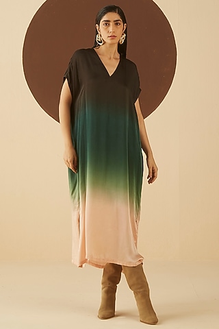 Taupe Brown & Dark Green Ombre Oversized Kaftan Dress by Kanelle