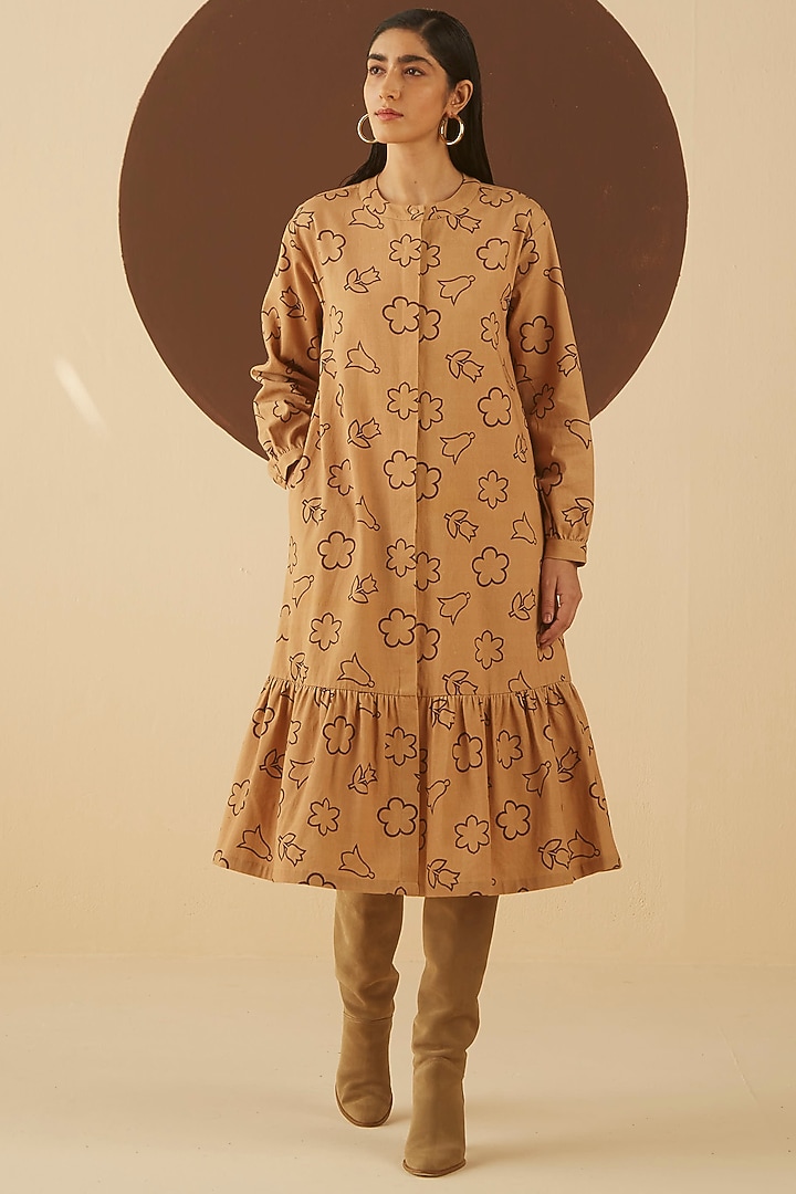 Caramel Floral Printed Midi Dress Design by Kanelle at Pernia's Pop Up