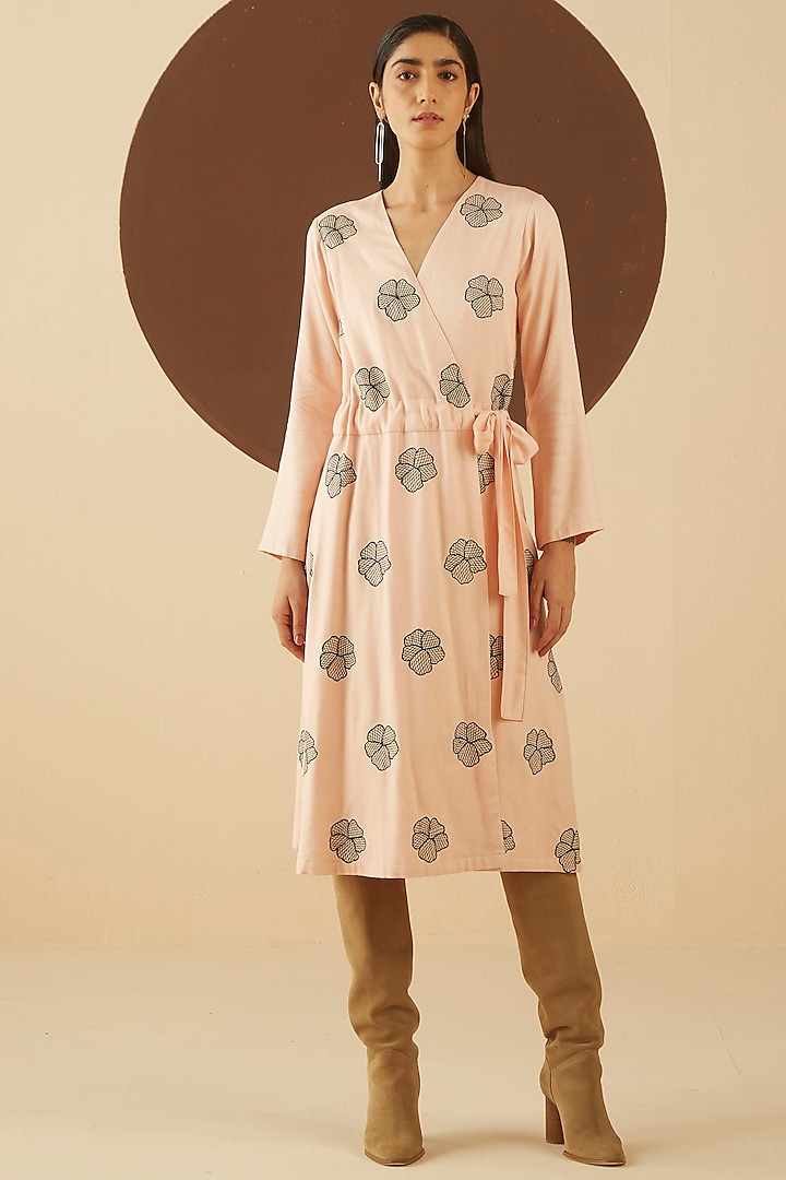 Light Shell Pink Embroidered Wrap Dress by Kanelle