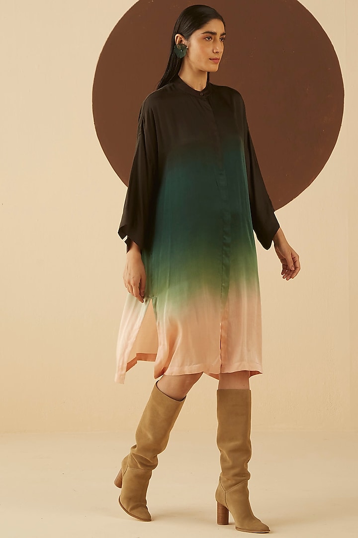 Taupe Brown & Dark Green Ombre Oversized Shirt Dress by Kanelle