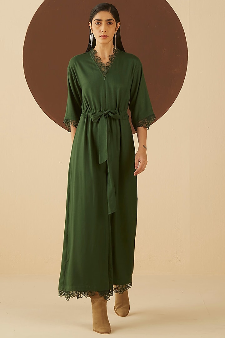 Dark Green Embroidered Jumpsuit by Kanelle
