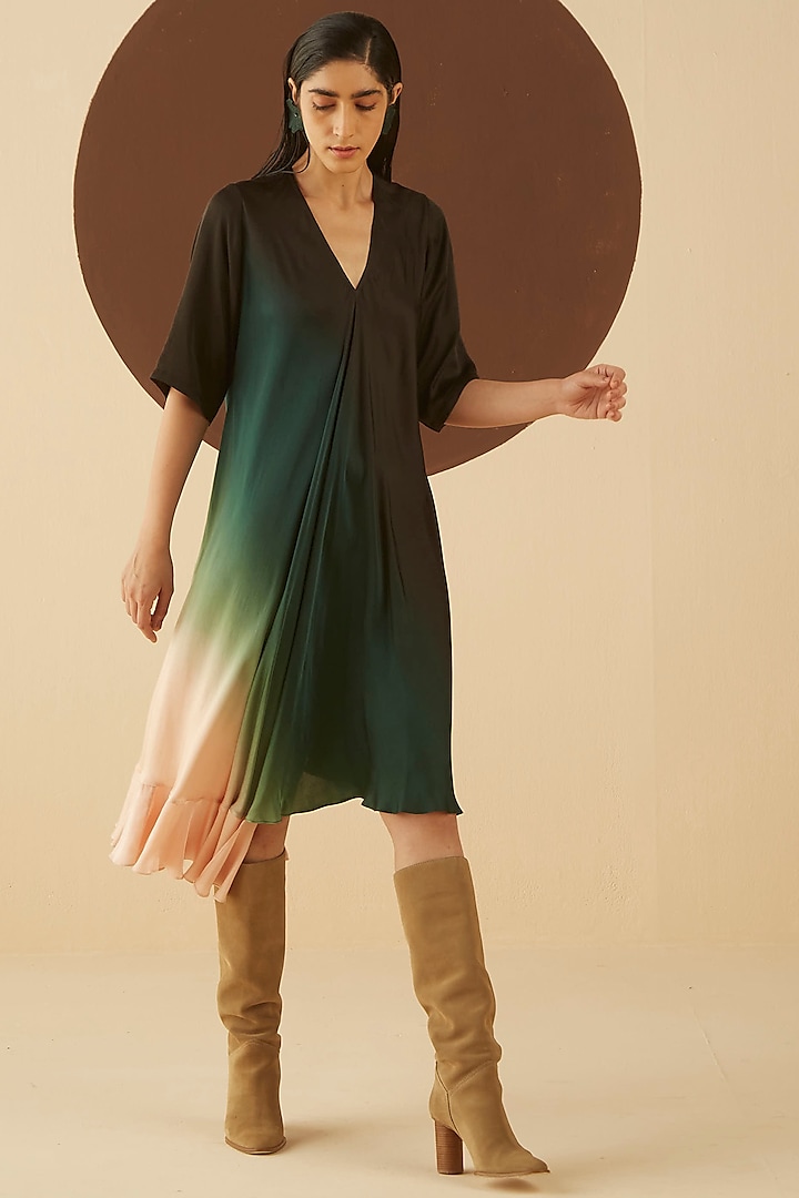 Taupe Brown & Dark Green Ombre Asymmetrical Dress by Kanelle at Pernia's Pop Up Shop