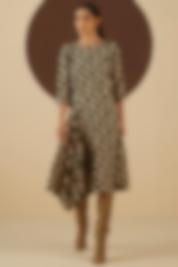 Olive Green Floral Printed Asymmetrical Dress by Kanelle