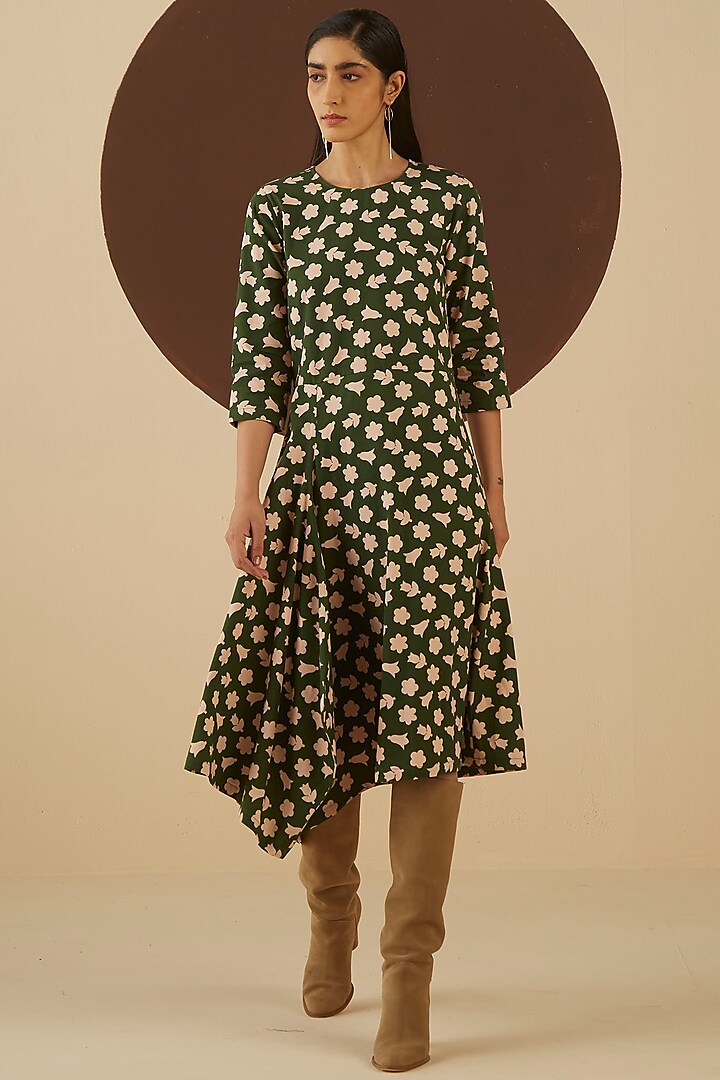 Olive Green Floral Printed Asymmetrical Dress by Kanelle