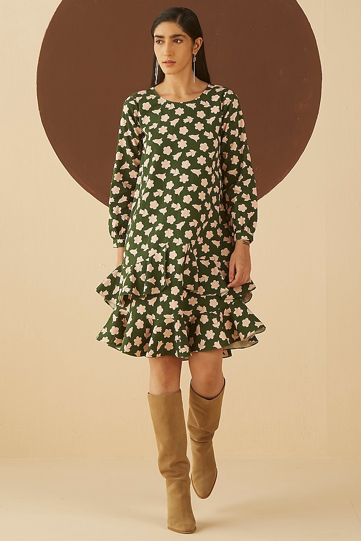 Olive Green Floral Printed Mini Dress by Kanelle