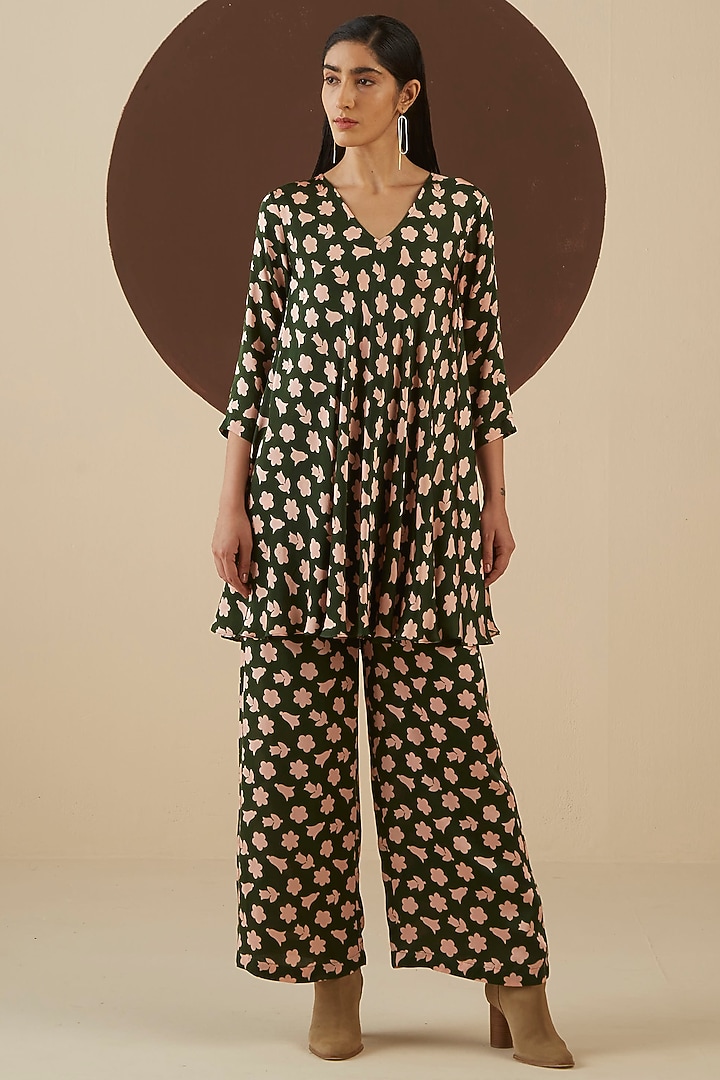 Olive Green Floral Printed A-Line Top by Kanelle at Pernia's Pop Up Shop