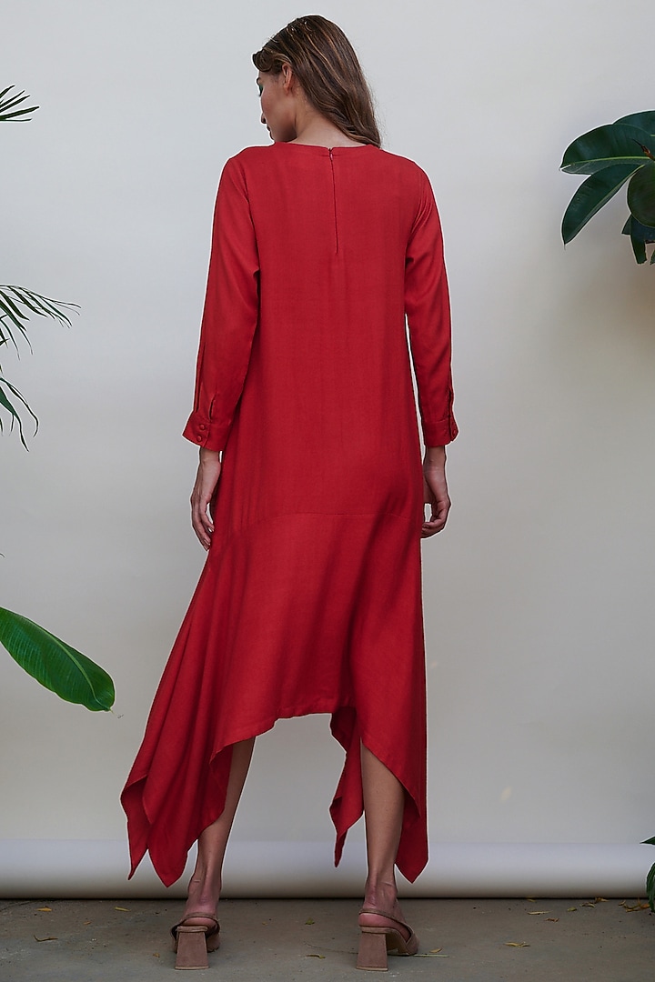 Red Asymmetrical Midi Summer Dress With Belt by Kanelle at Pernia's Pop Up Shop