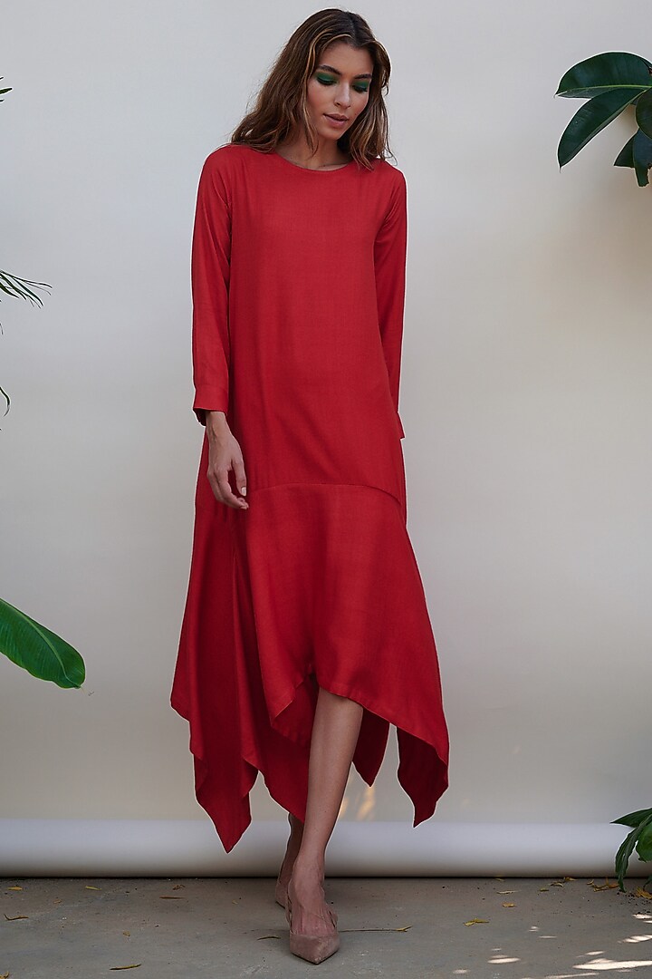 Red Asymmetrical Midi Summer Dress With Belt by Kanelle at Pernia's Pop Up Shop