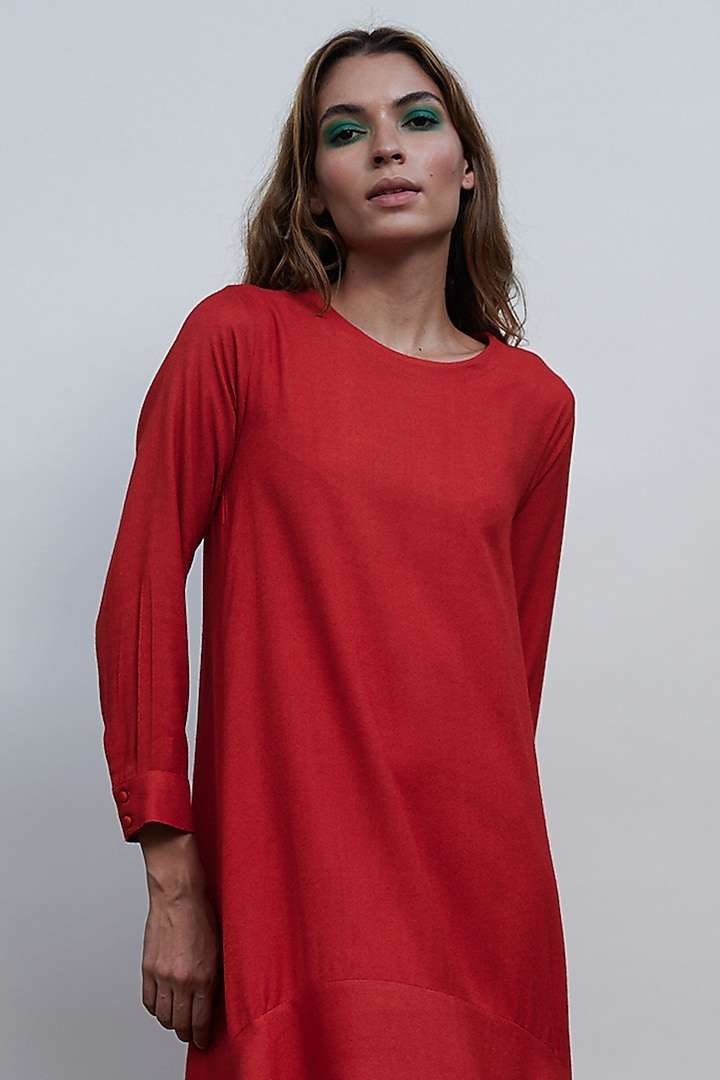 Red Asymmetrical Midi Summer Dress With Belt by Kanelle at Pernia's Pop Up Shop