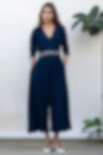 Navy Viscose Jumpsuit With Belt by Kanelle