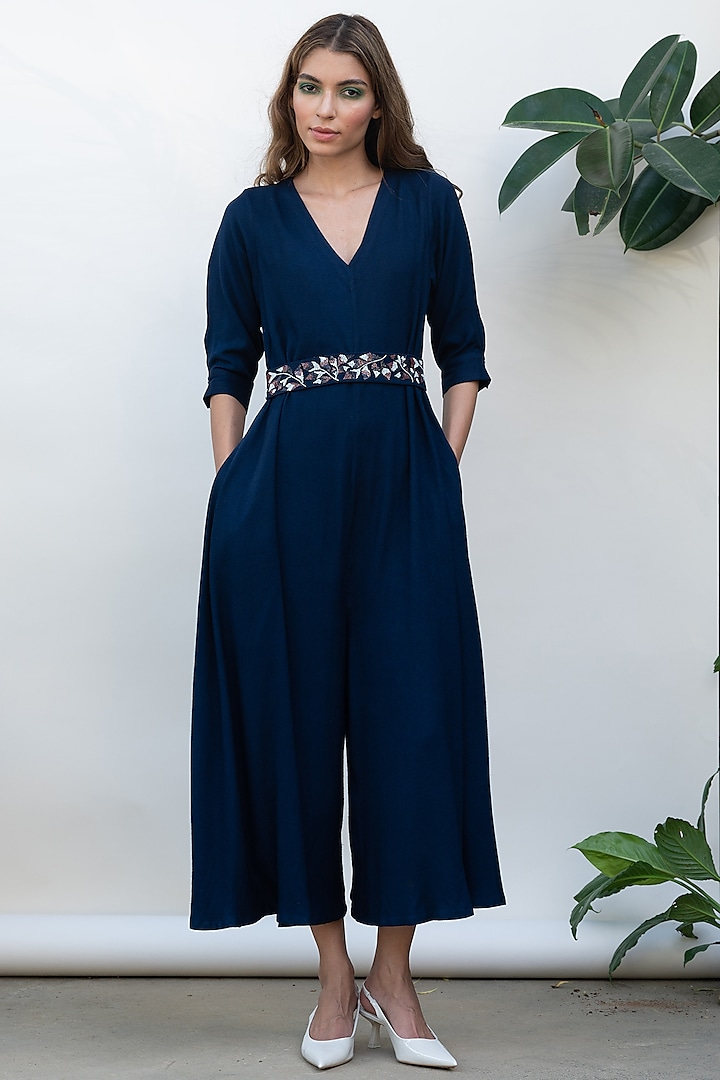 Navy Viscose Jumpsuit With Belt by Kanelle