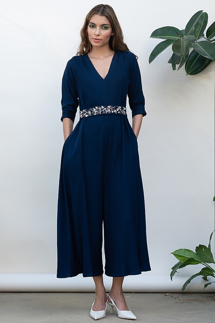 Navy Viscose Jumpsuit With Belt by Kanelle at Pernia's Pop Up Shop