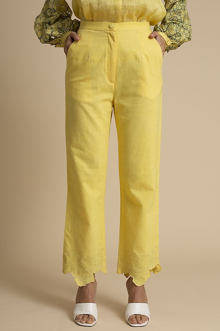 Yellow Cotton Embroidered Trousers by Kanelle