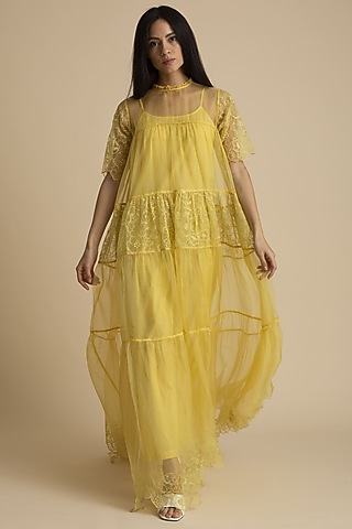 Yellow Cut Work Maxi Dress by Kanelle