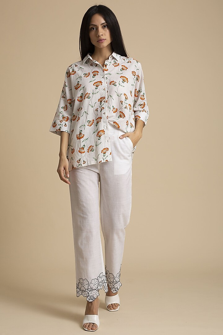 White Printed Kimono Shirt by Kanelle
