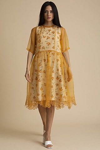 Orange Sheer Cut Work Dress by Kanelle