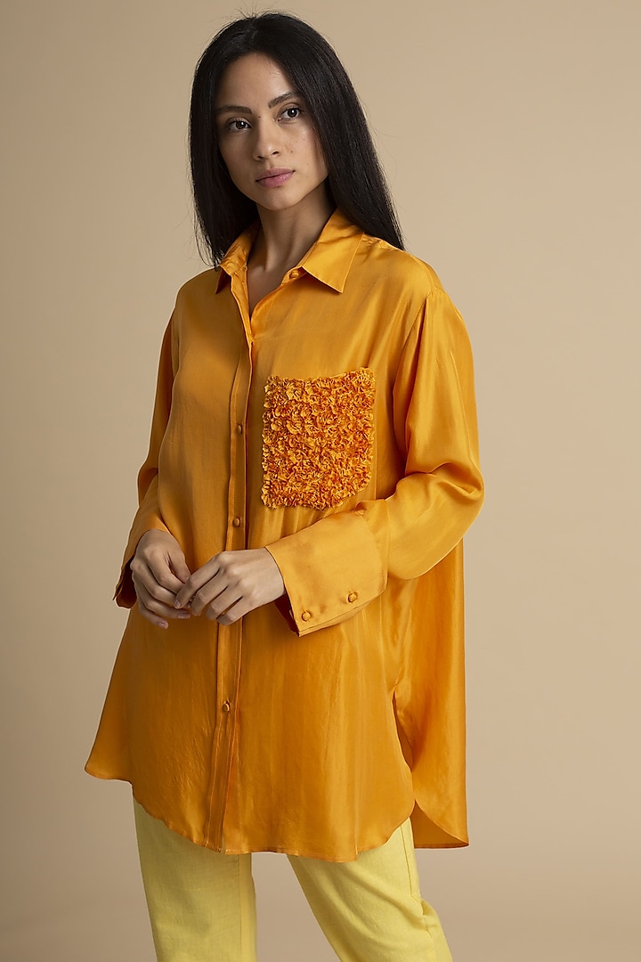 Orange Oversized Shirt With Pocket Embroidery by Kanelle