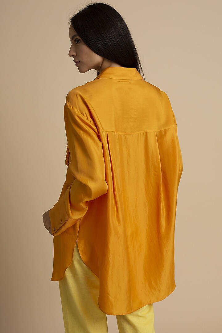 Orange Oversized Shirt With Pocket Embroidery by Kanelle at Pernia's Pop Up Shop