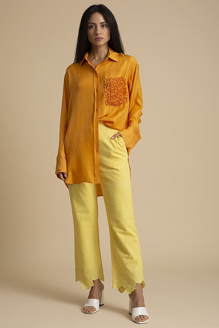 Orange Oversized Shirt With Pocket Embroidery by Kanelle at Pernia's Pop Up Shop