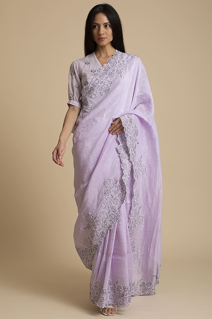 Mauve Cut Work Embroidered Saree by Kanelle