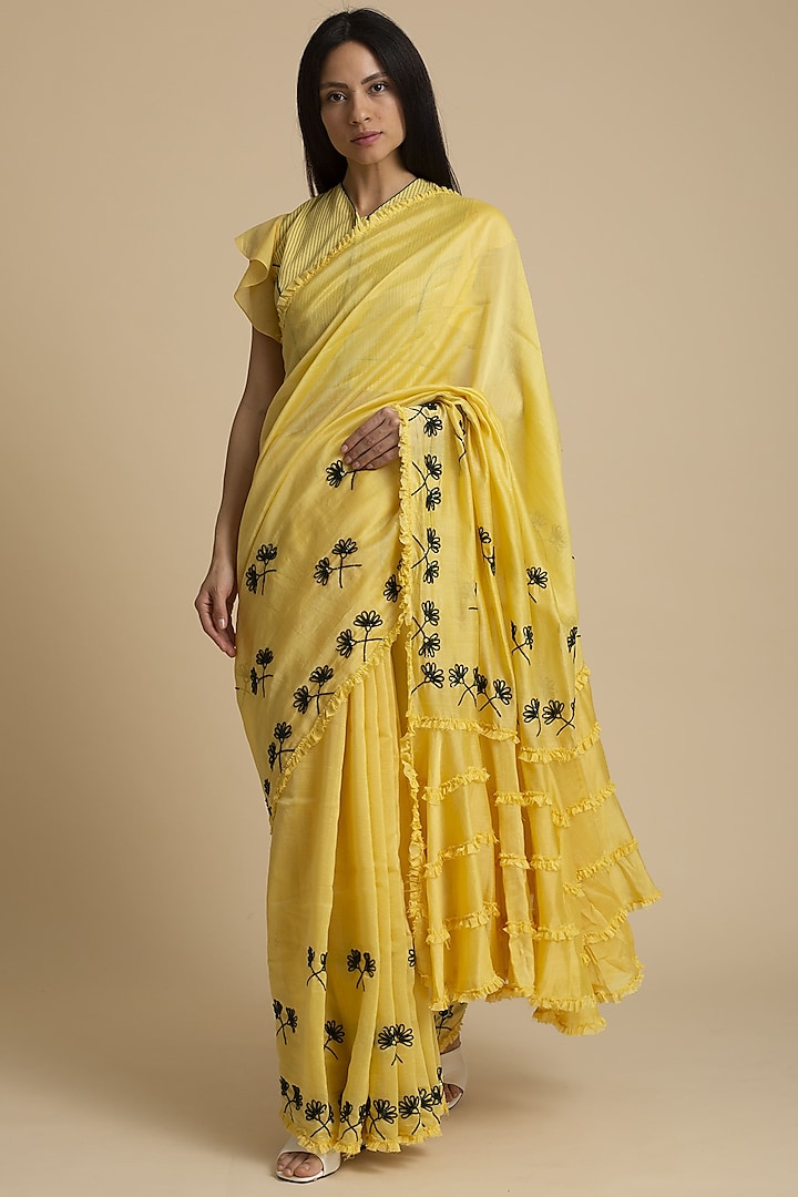 Yellow Embroidered Saree With Frills by Kanelle