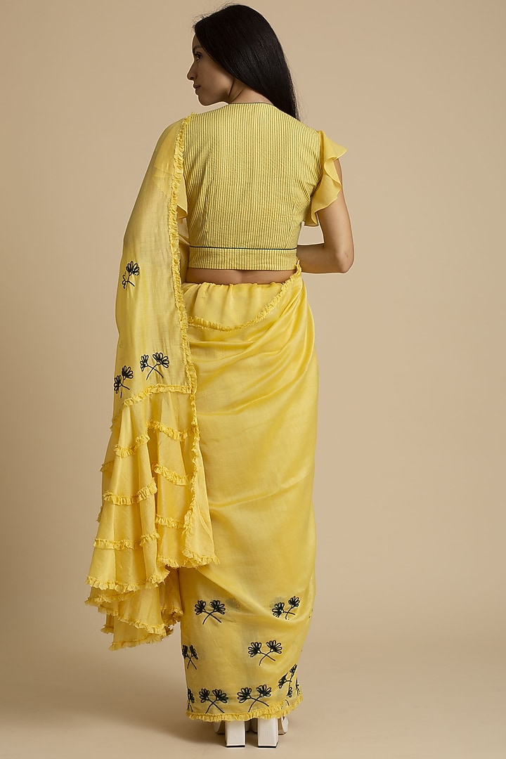 Yellow Embroidered Party Wear Saree With Frills by Kanelle at Pernia's Pop Up Shop