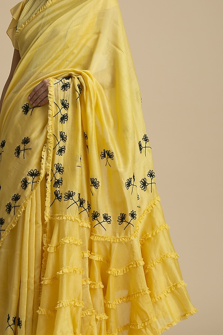 Yellow Embroidered Party Wear Saree With Frills by Kanelle at Pernia's Pop Up Shop