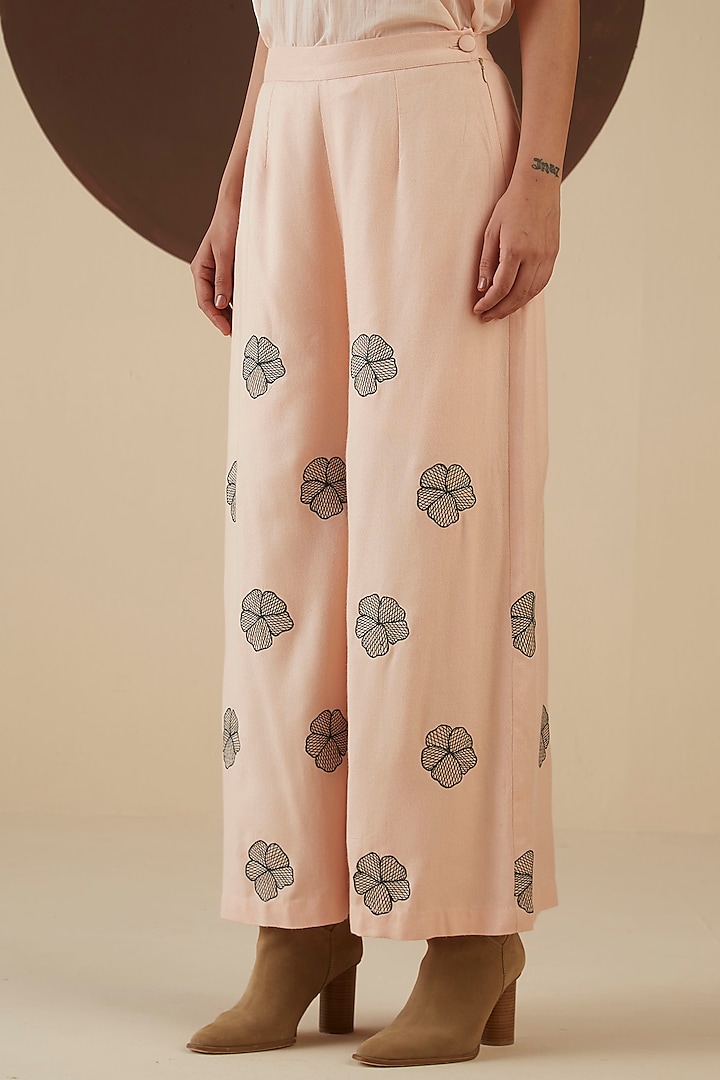 Pink Embroidered Wide-Legged Trousers by Kanelle