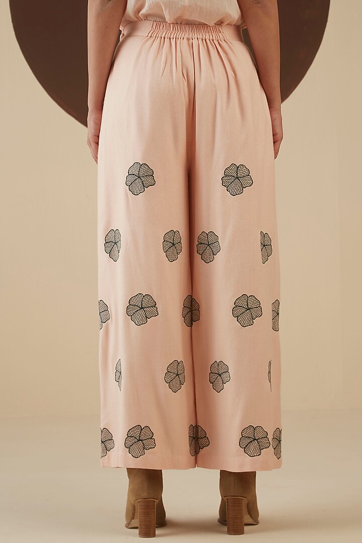 Pink Embroidered Wide-Legged Trousers by Kanelle at Pernia's Pop Up Shop